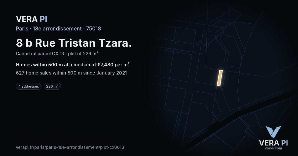 8 b Rue Tristan Tzara, 18e arrondissement at night – the plot lit, the parcels around coloured by the prices near them