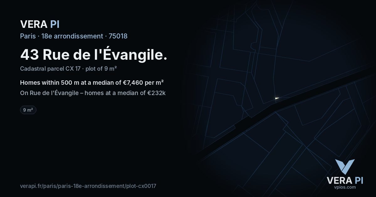 43 Rue de l'Évangile, 18e arrondissement at night – the plot lit, the parcels around coloured by the prices near them