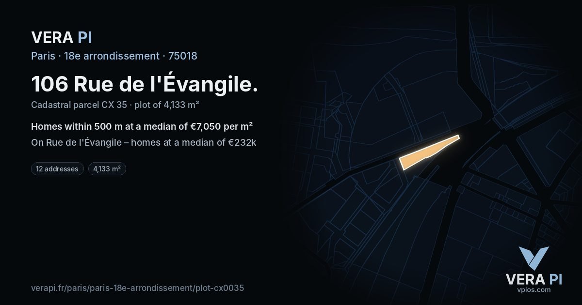 106 Rue de l'Évangile, 18e arrondissement at night – the plot lit, the parcels around coloured by the prices near them