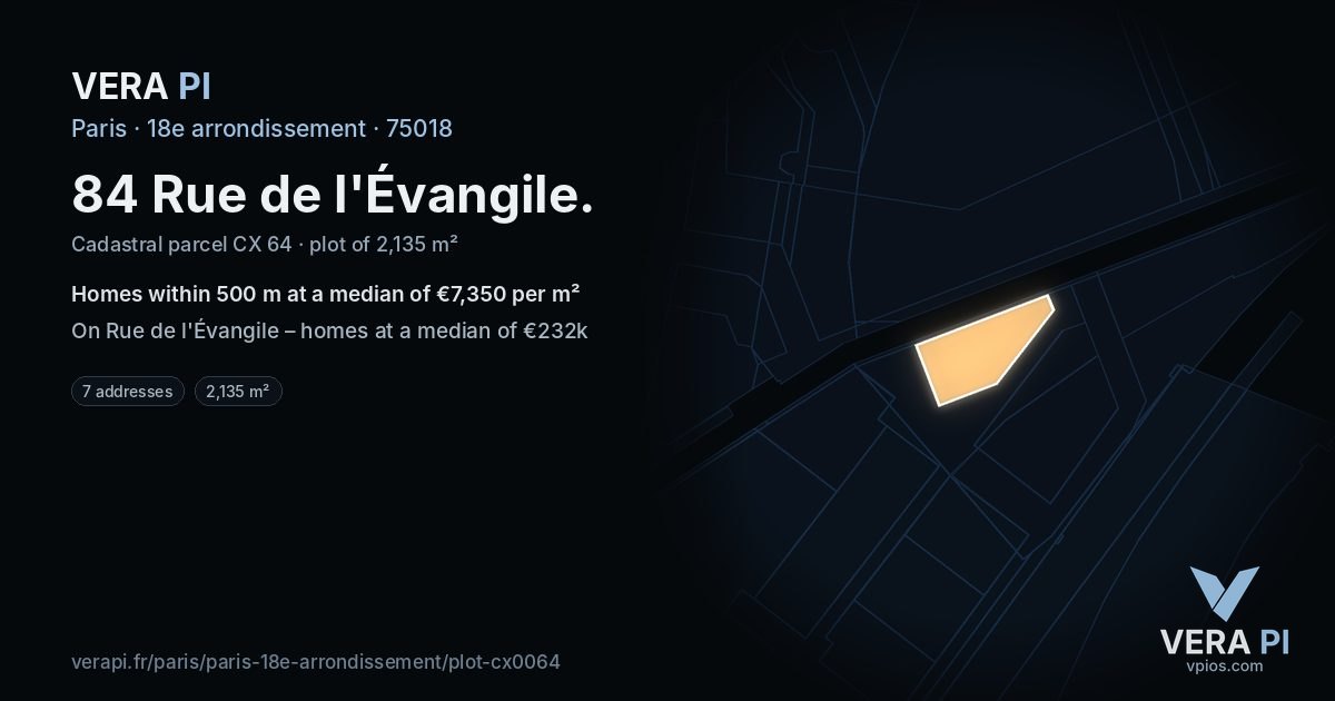 84 Rue de l'Évangile, 18e arrondissement at night – the plot lit, the parcels around coloured by the prices near them