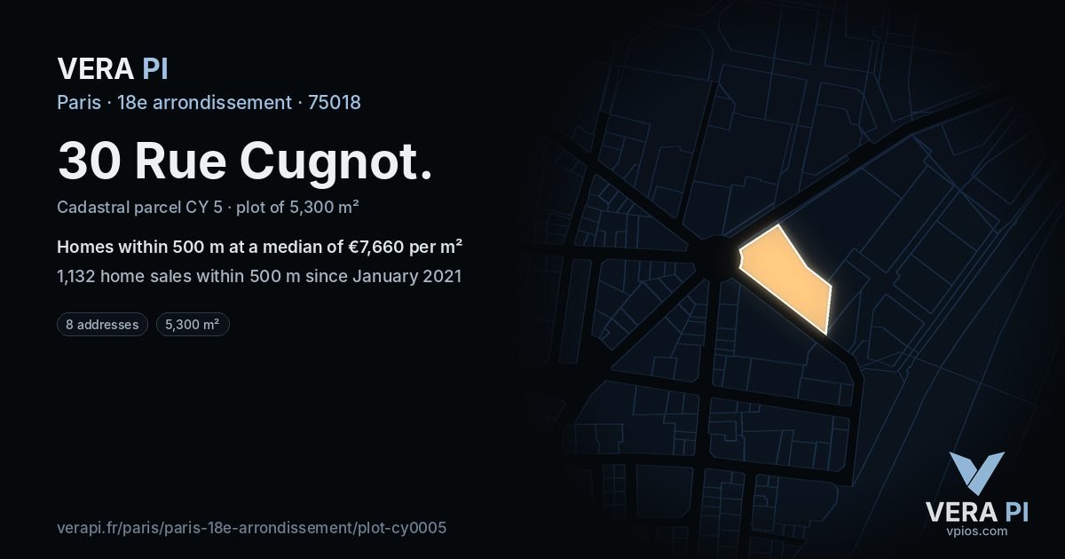 30 Rue Cugnot, 18e arrondissement at night – the plot lit, the parcels around coloured by the prices near them