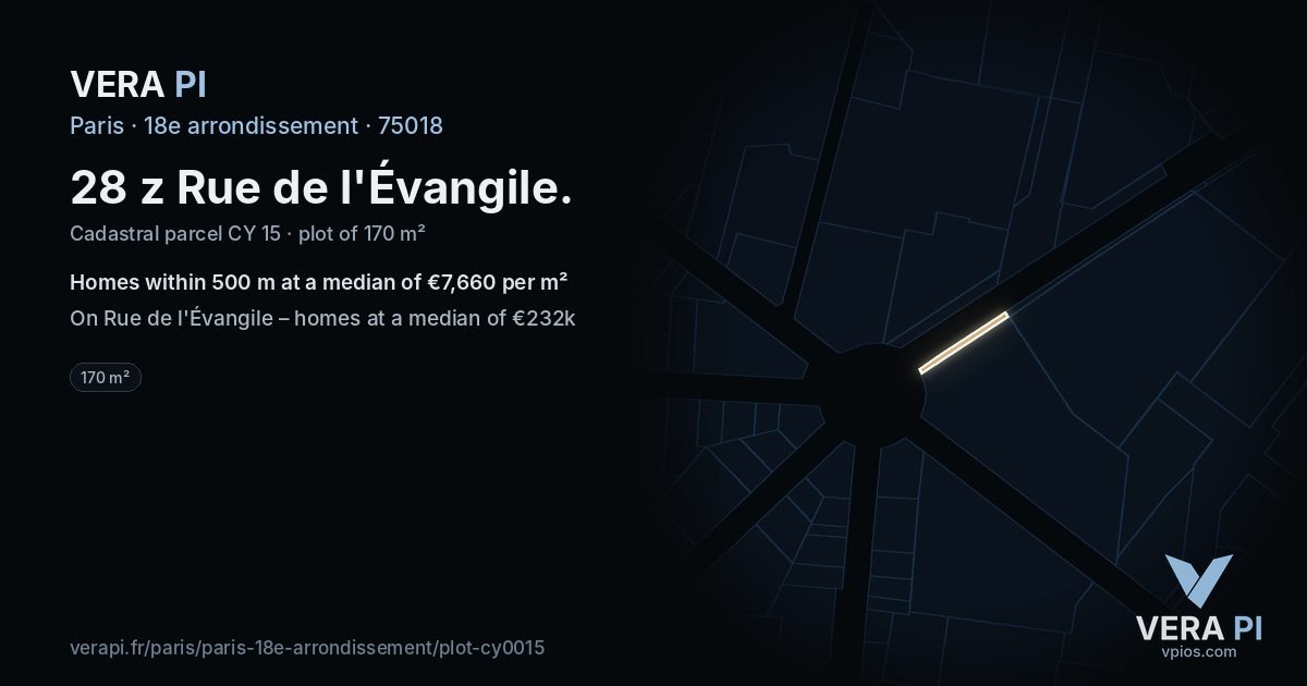 28 z Rue de l'Évangile, 18e arrondissement at night – the plot lit, the parcels around coloured by the prices near them