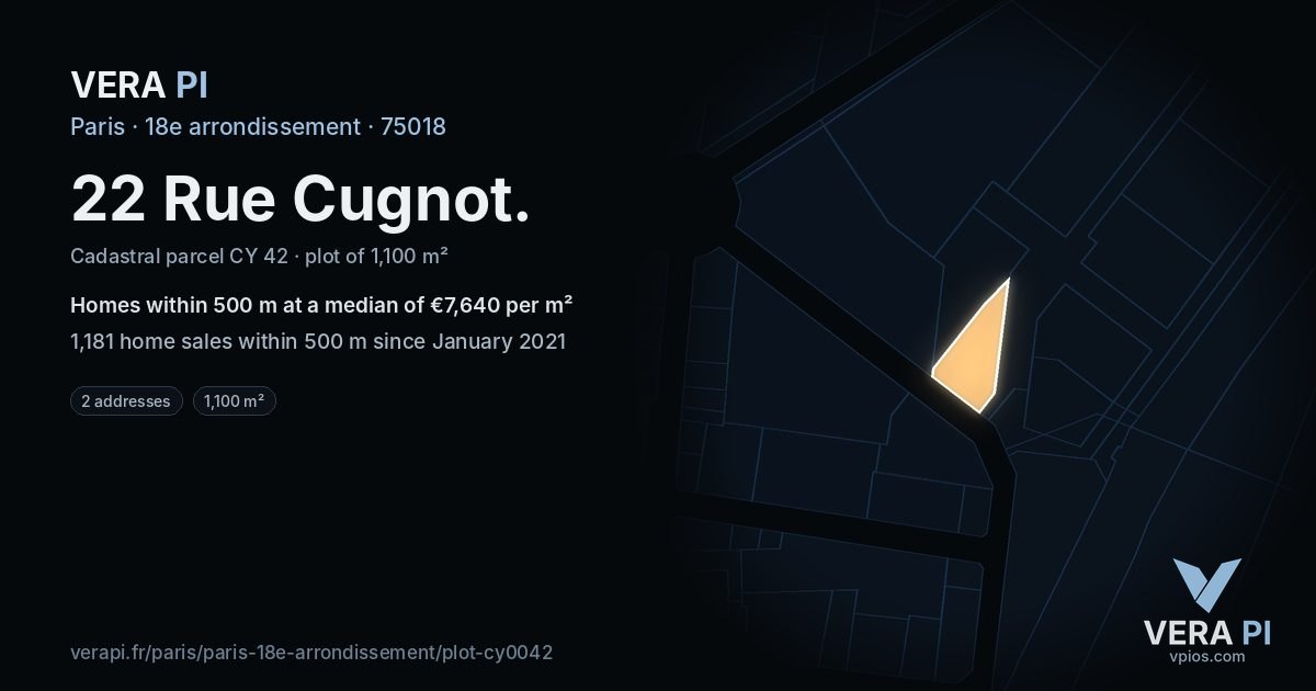 22 Rue Cugnot, 18e arrondissement at night – the plot lit, the parcels around coloured by the prices near them