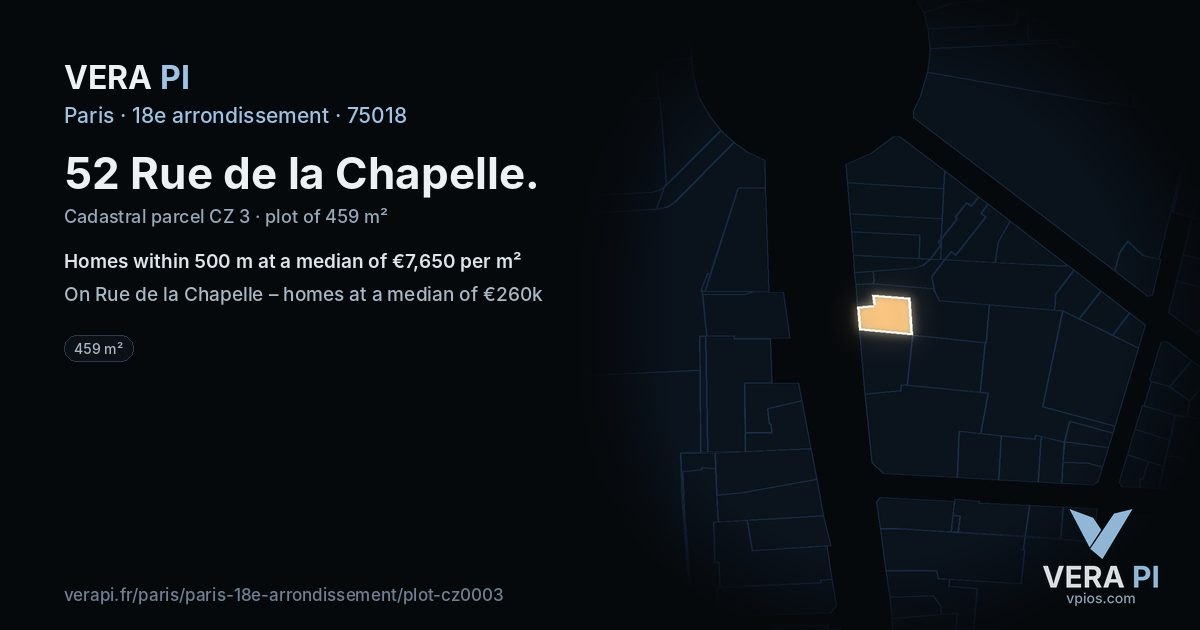 52 Rue de la Chapelle, 18e arrondissement at night – the plot lit, the parcels around coloured by the prices near them