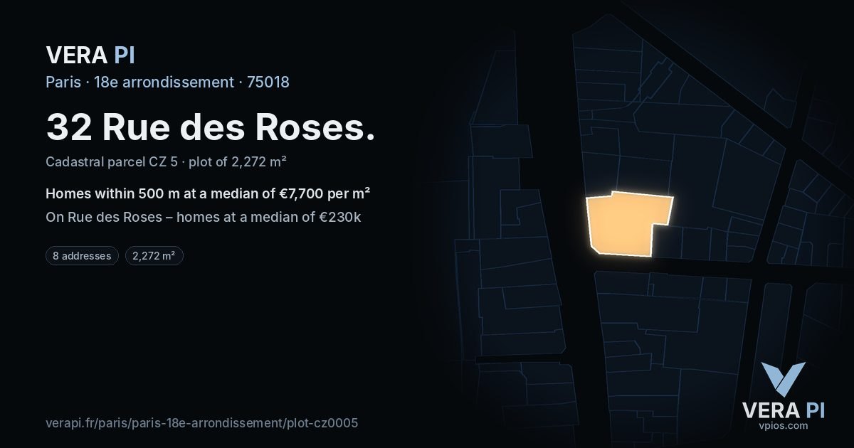 32 Rue des Roses, 18e arrondissement at night – the plot lit, the parcels around coloured by the prices near them