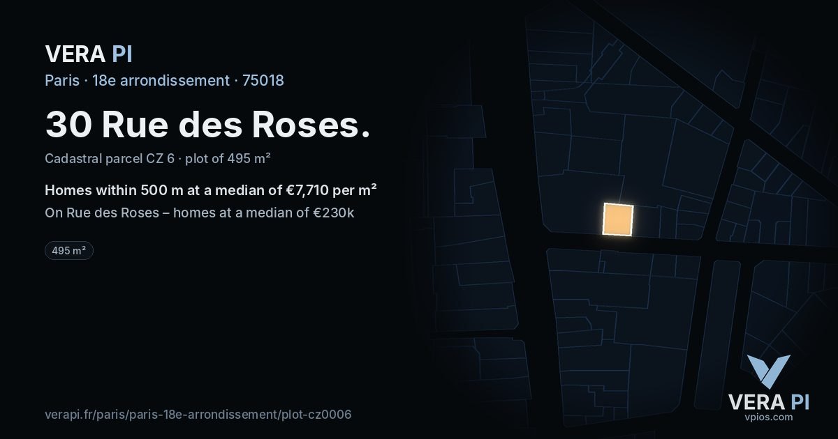 30 Rue des Roses, 18e arrondissement at night – the plot lit, the parcels around coloured by the prices near them