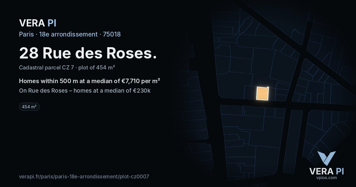 28 Rue des Roses, 18e arrondissement at night – the plot lit, the parcels around coloured by the prices near them