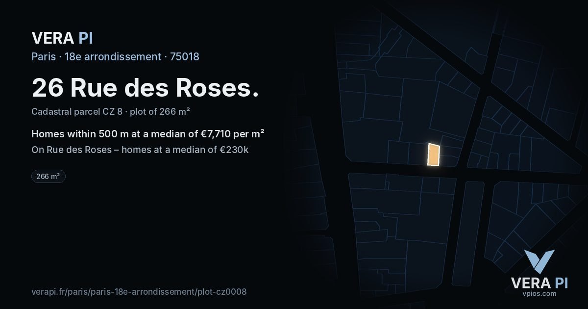 26 Rue des Roses, 18e arrondissement at night – the plot lit, the parcels around coloured by the prices near them