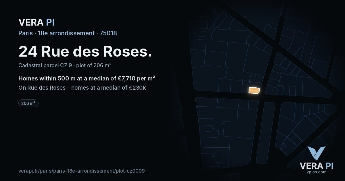 24 Rue des Roses, 18e arrondissement at night – the plot lit, the parcels around coloured by the prices near them