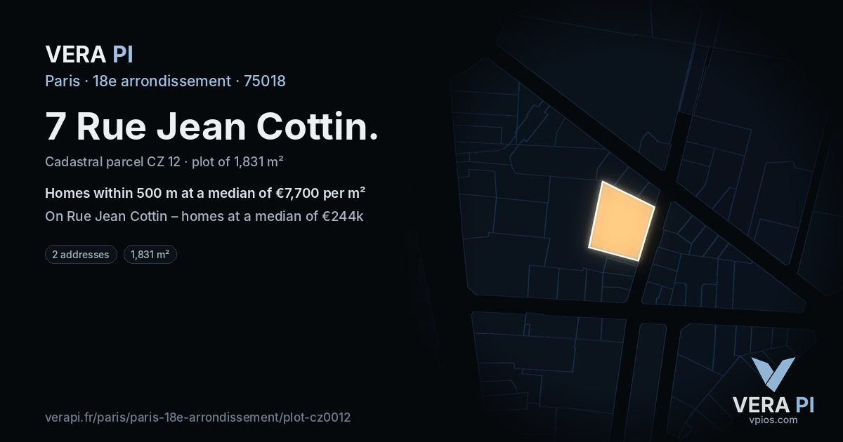 7 Rue Jean Cottin, 18e arrondissement at night – the plot lit, the parcels around coloured by the prices near them
