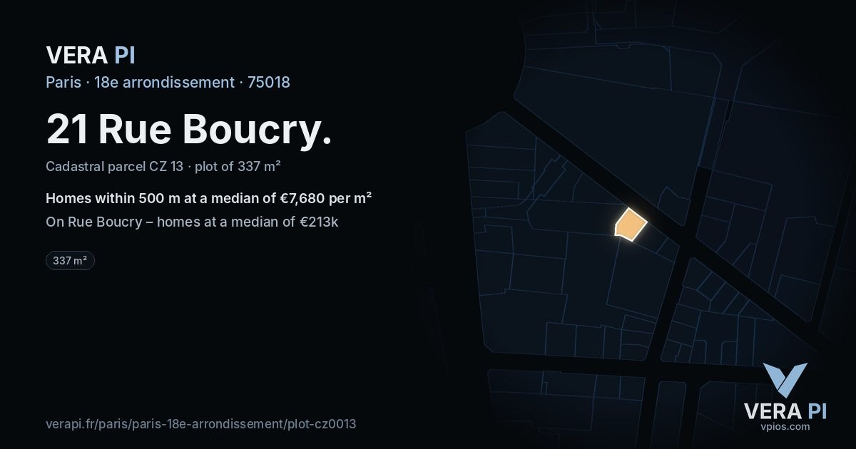 21 Rue Boucry, 18e arrondissement at night – the plot lit, the parcels around coloured by the prices near them