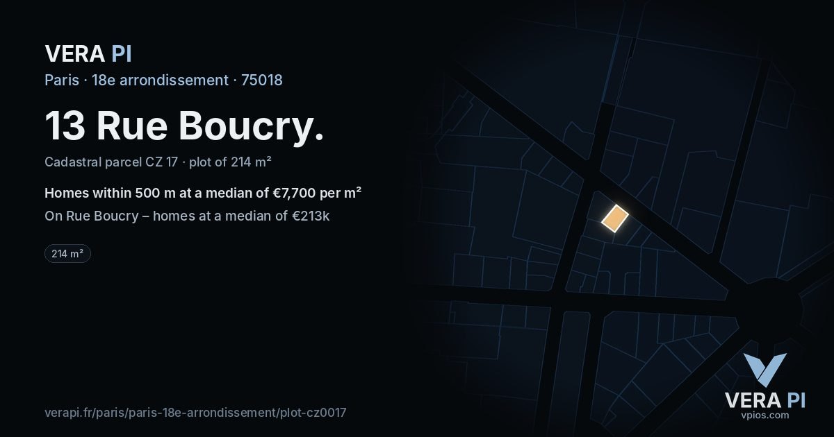 13 Rue Boucry, 18e arrondissement at night – the plot lit, the parcels around coloured by the prices near them