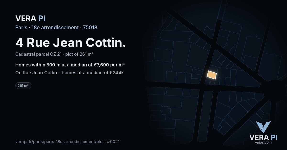 4 Rue Jean Cottin, 18e arrondissement at night – the plot lit, the parcels around coloured by the prices near them