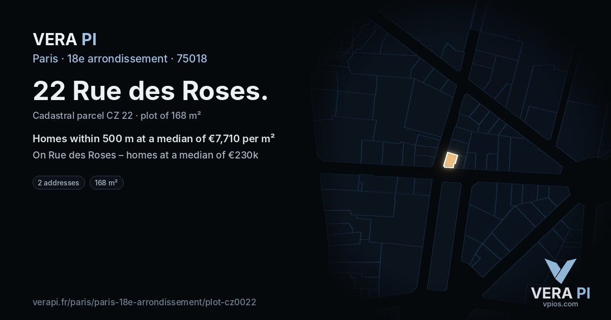 22 Rue des Roses, 18e arrondissement at night – the plot lit, the parcels around coloured by the prices near them