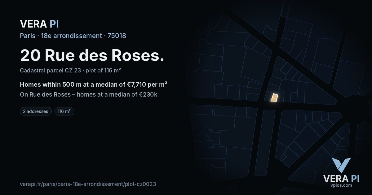 20 Rue des Roses, 18e arrondissement at night – the plot lit, the parcels around coloured by the prices near them