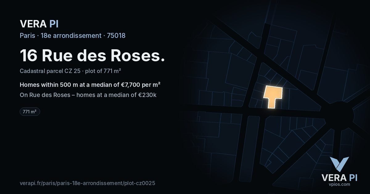 16 Rue des Roses, 18e arrondissement at night – the plot lit, the parcels around coloured by the prices near them