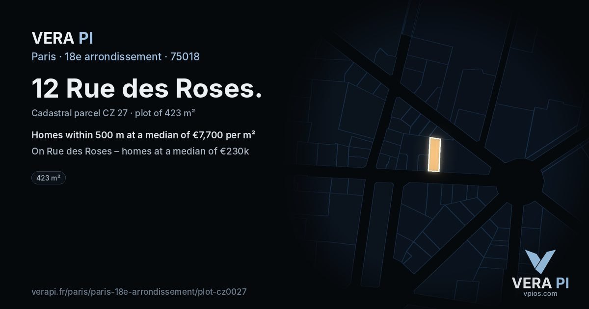 12 Rue des Roses, 18e arrondissement at night – the plot lit, the parcels around coloured by the prices near them