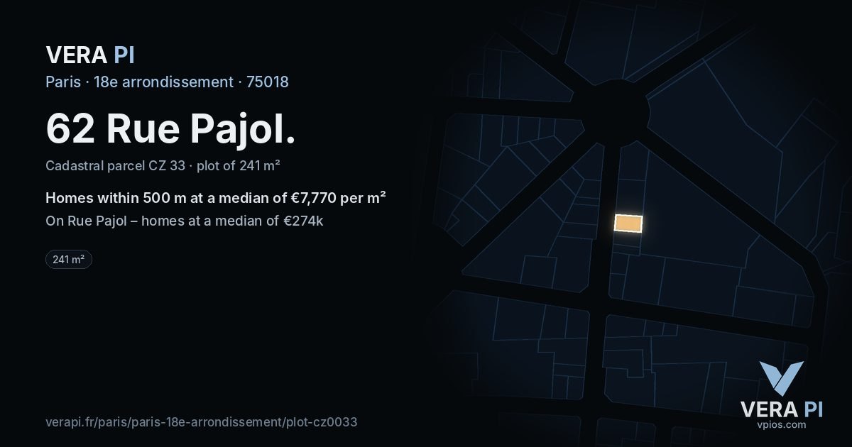 62 Rue Pajol, 18e arrondissement at night – the plot lit, the parcels around coloured by the prices near them