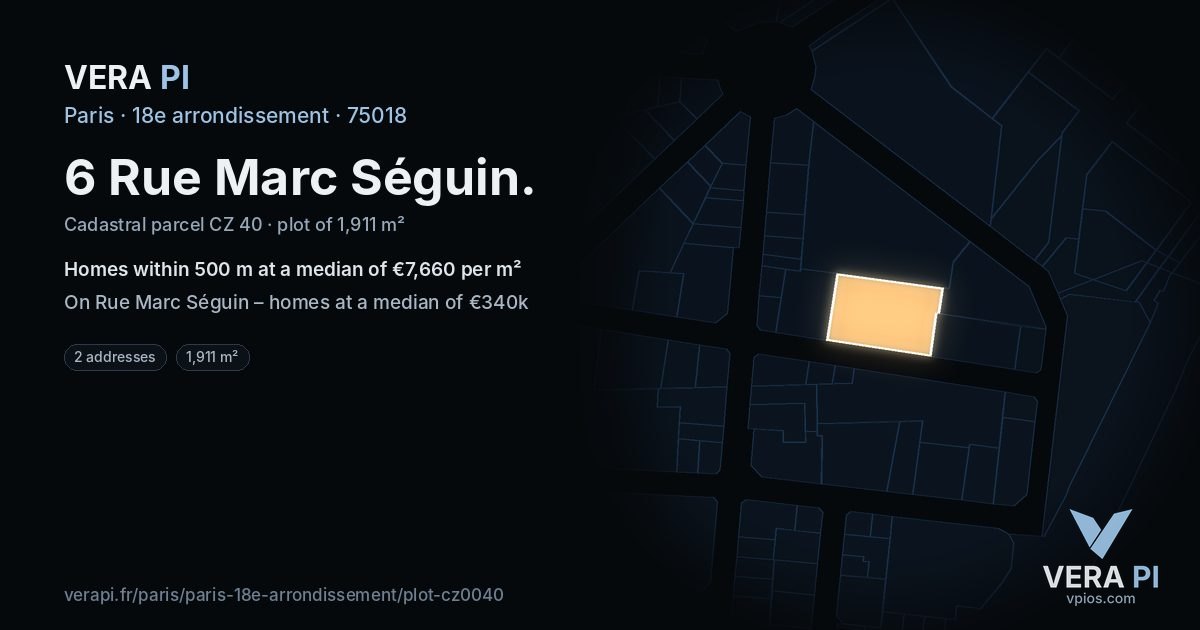 6 Rue Marc Séguin, 18e arrondissement at night – the plot lit, the parcels around coloured by the prices near them