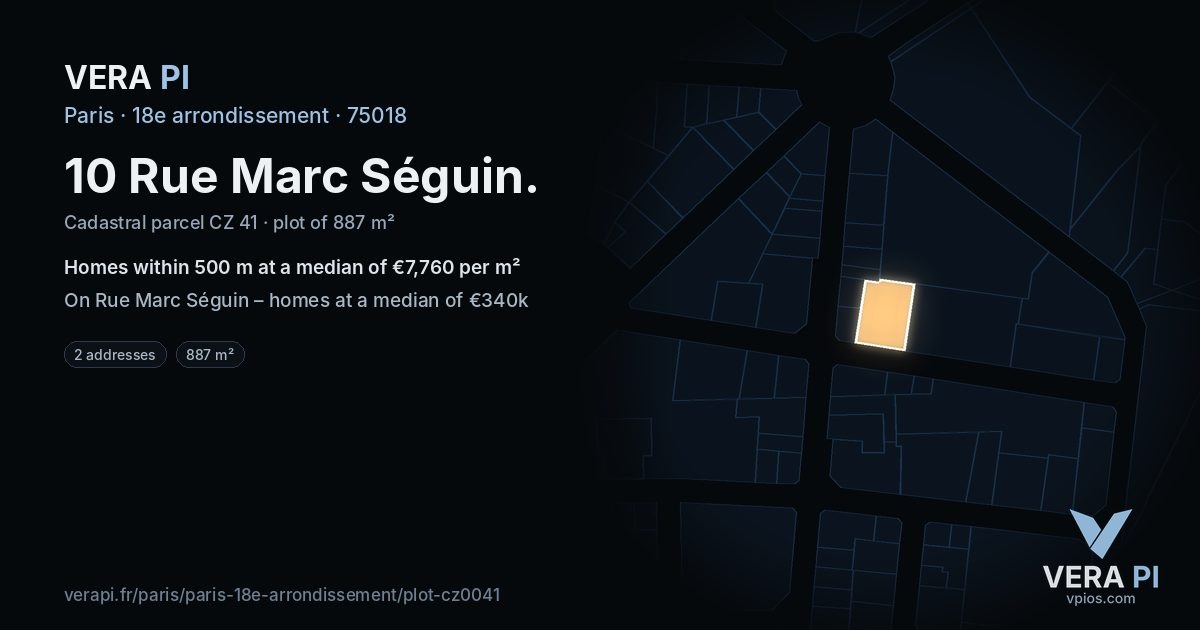 10 Rue Marc Séguin, 18e arrondissement at night – the plot lit, the parcels around coloured by the prices near them