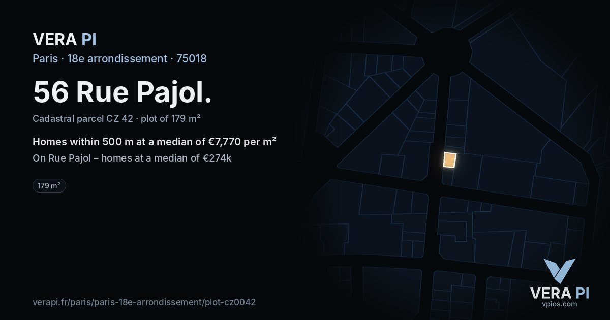 56 Rue Pajol, 18e arrondissement at night – the plot lit, the parcels around coloured by the prices near them