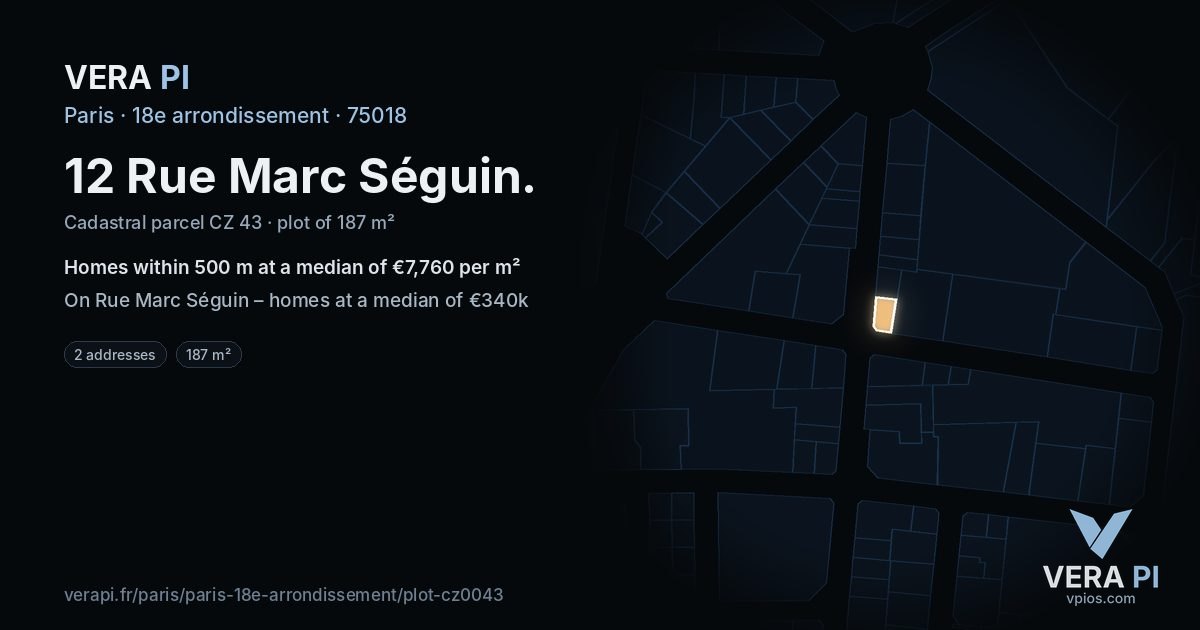 12 Rue Marc Séguin, 18e arrondissement at night – the plot lit, the parcels around coloured by the prices near them