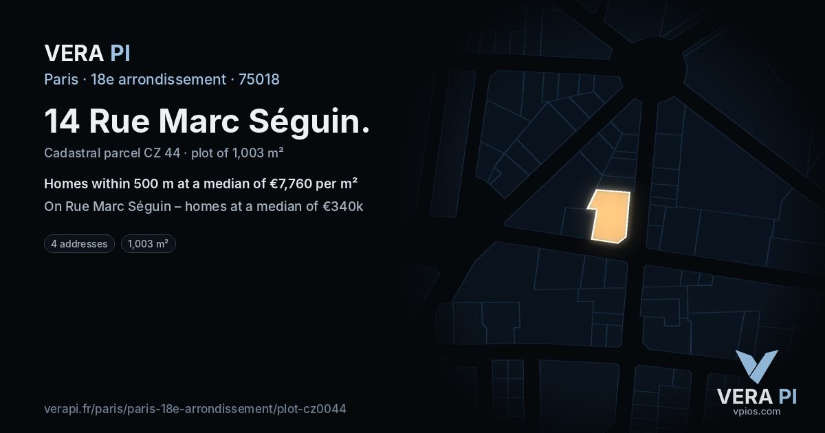 14 Rue Marc Séguin, 18e arrondissement at night – the plot lit, the parcels around coloured by the prices near them