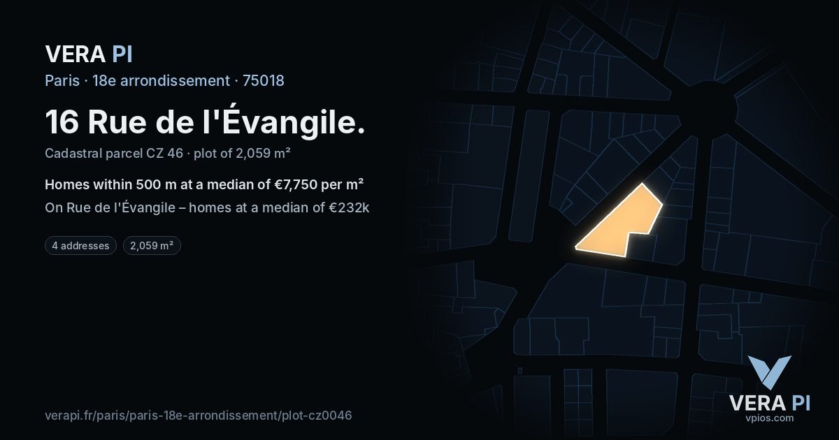 16 Rue de l'Évangile, 18e arrondissement at night – the plot lit, the parcels around coloured by the prices near them