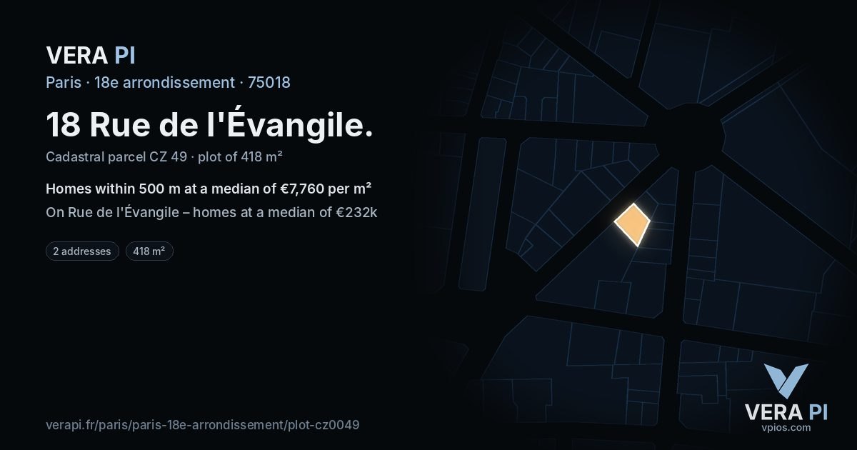 18 Rue de l'Évangile, 18e arrondissement at night – the plot lit, the parcels around coloured by the prices near them