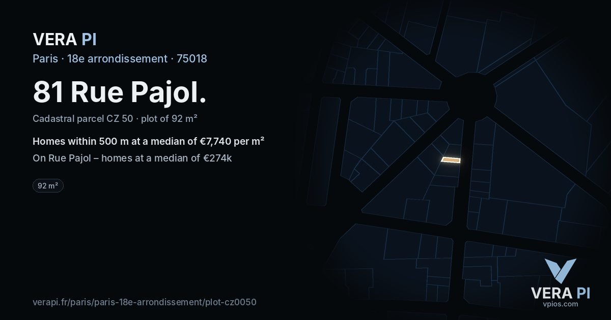 81 Rue Pajol, 18e arrondissement at night – the plot lit, the parcels around coloured by the prices near them