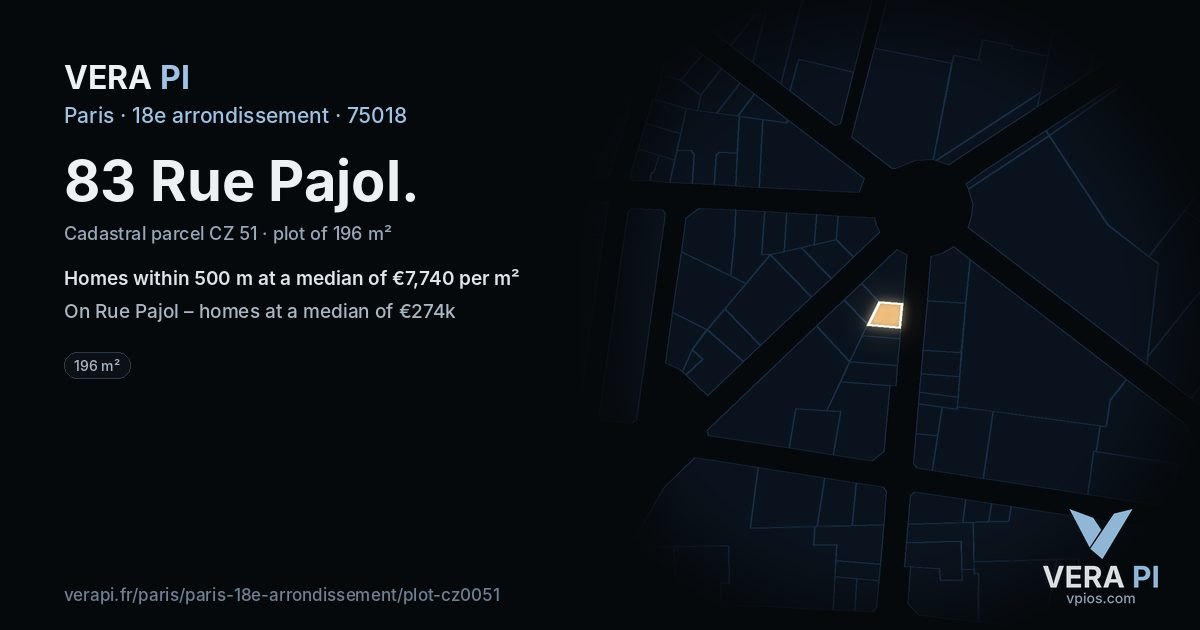 83 Rue Pajol, 18e arrondissement at night – the plot lit, the parcels around coloured by the prices near them