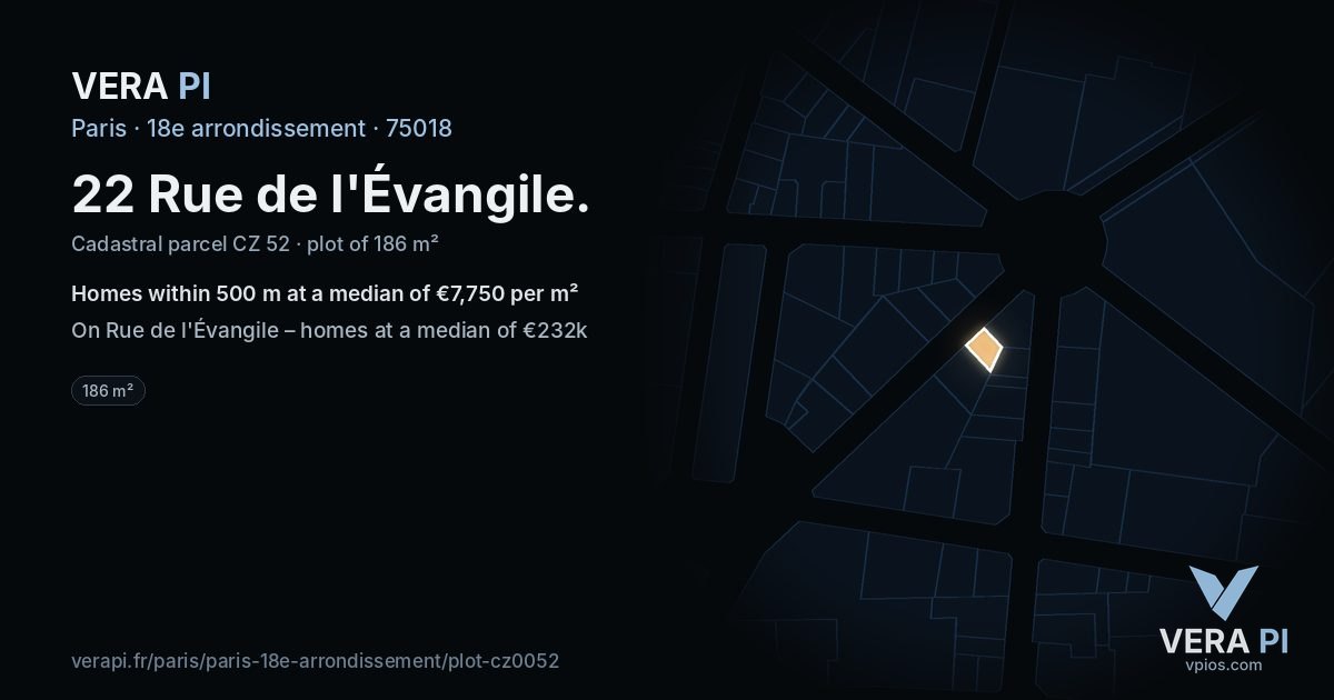 22 Rue de l'Évangile, 18e arrondissement at night – the plot lit, the parcels around coloured by the prices near them