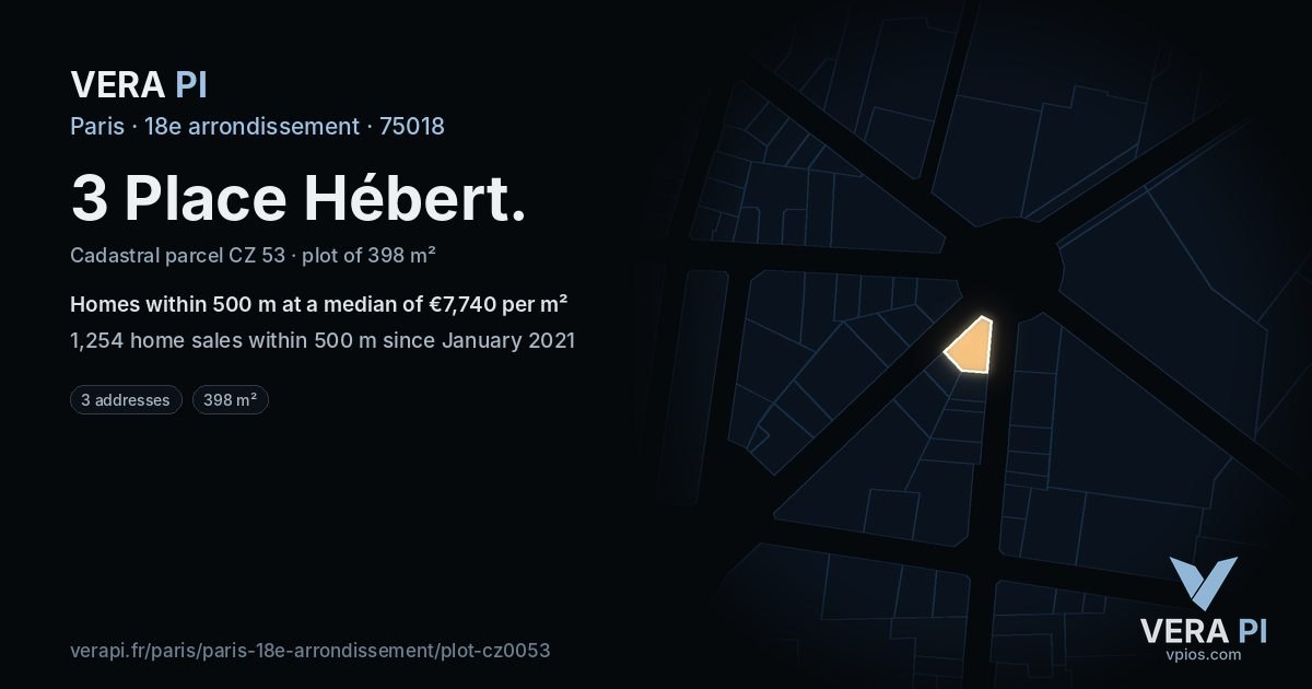 3 Place Hébert, 18e arrondissement at night – the plot lit, the parcels around coloured by the prices near them