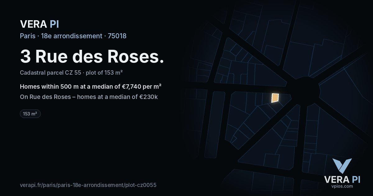 3 Rue des Roses, 18e arrondissement at night – the plot lit, the parcels around coloured by the prices near them