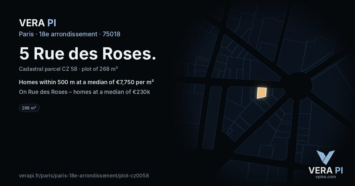 5 Rue des Roses, 18e arrondissement at night – the plot lit, the parcels around coloured by the prices near them