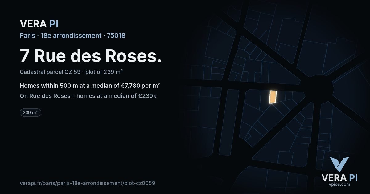 7 Rue des Roses, 18e arrondissement at night – the plot lit, the parcels around coloured by the prices near them