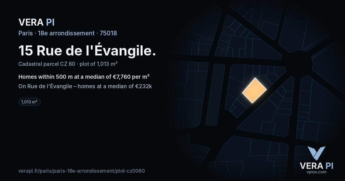 15 Rue de l'Évangile, 18e arrondissement at night – the plot lit, the parcels around coloured by the prices near them