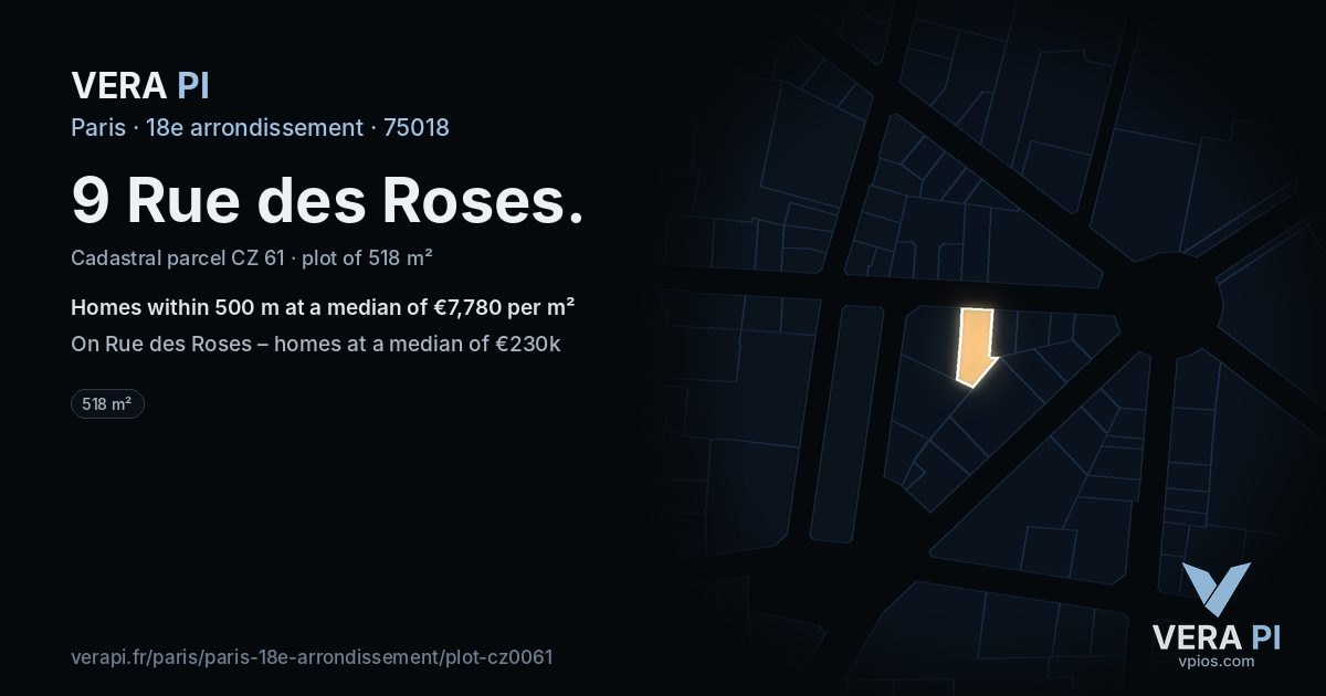 9 Rue des Roses, 18e arrondissement at night – the plot lit, the parcels around coloured by the prices near them