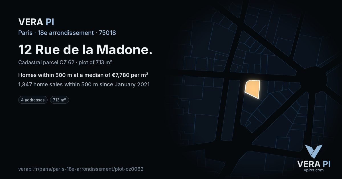 12 Rue de la Madone, 18e arrondissement at night – the plot lit, the parcels around coloured by the prices near them