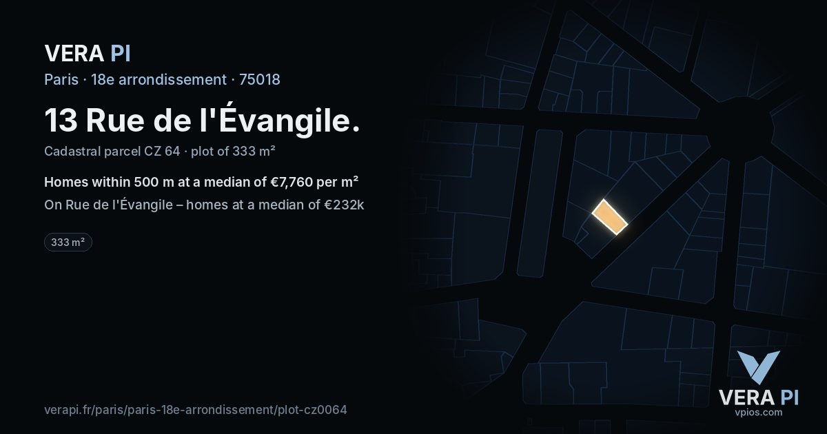 13 Rue de l'Évangile, 18e arrondissement at night – the plot lit, the parcels around coloured by the prices near them
