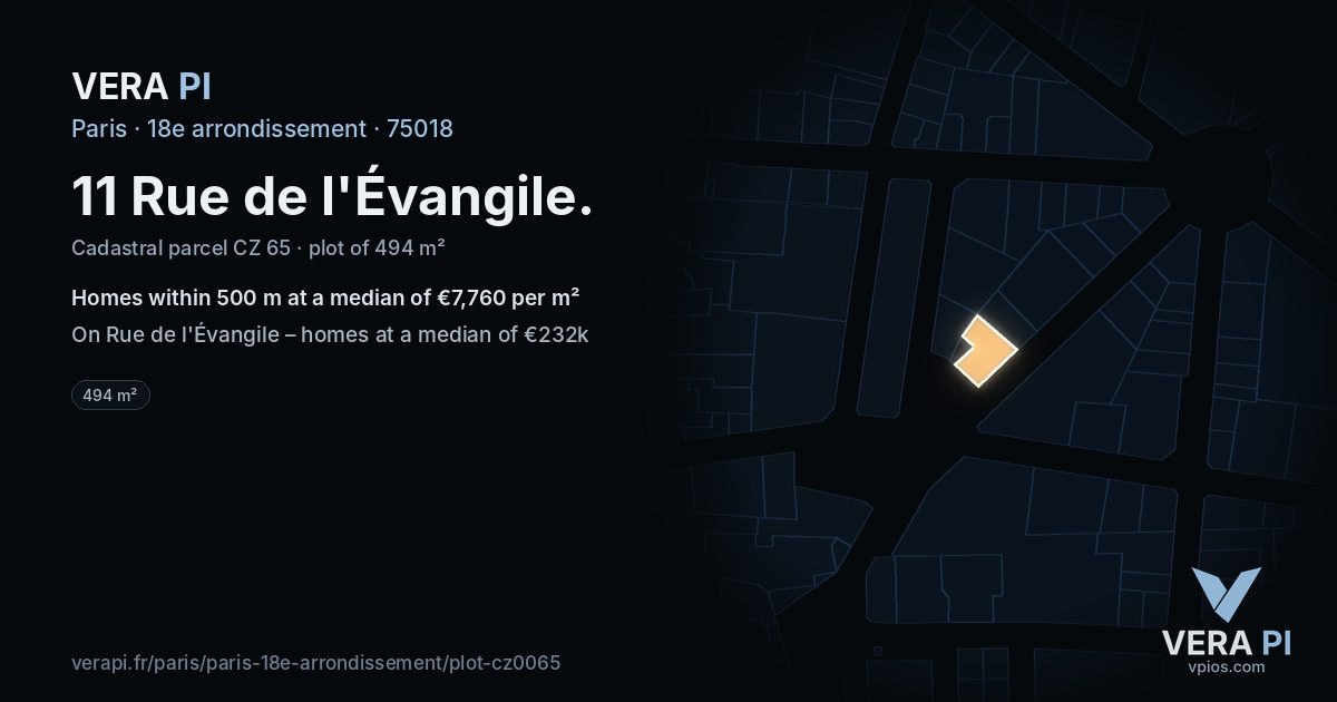 11 Rue de l'Évangile, 18e arrondissement at night – the plot lit, the parcels around coloured by the prices near them