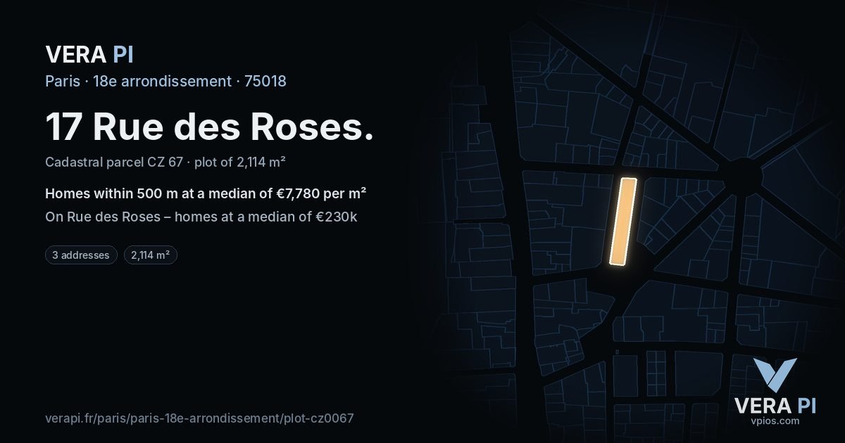 17 Rue des Roses, 18e arrondissement at night – the plot lit, the parcels around coloured by the prices near them