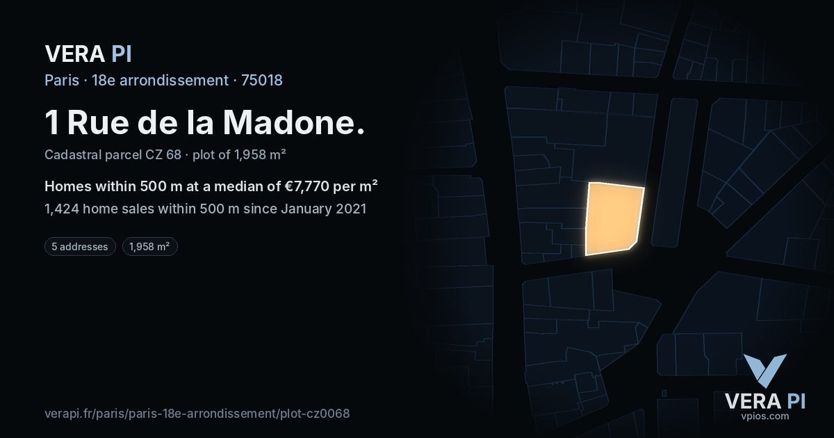 1 Rue de la Madone, 18e arrondissement at night – the plot lit, the parcels around coloured by the prices near them