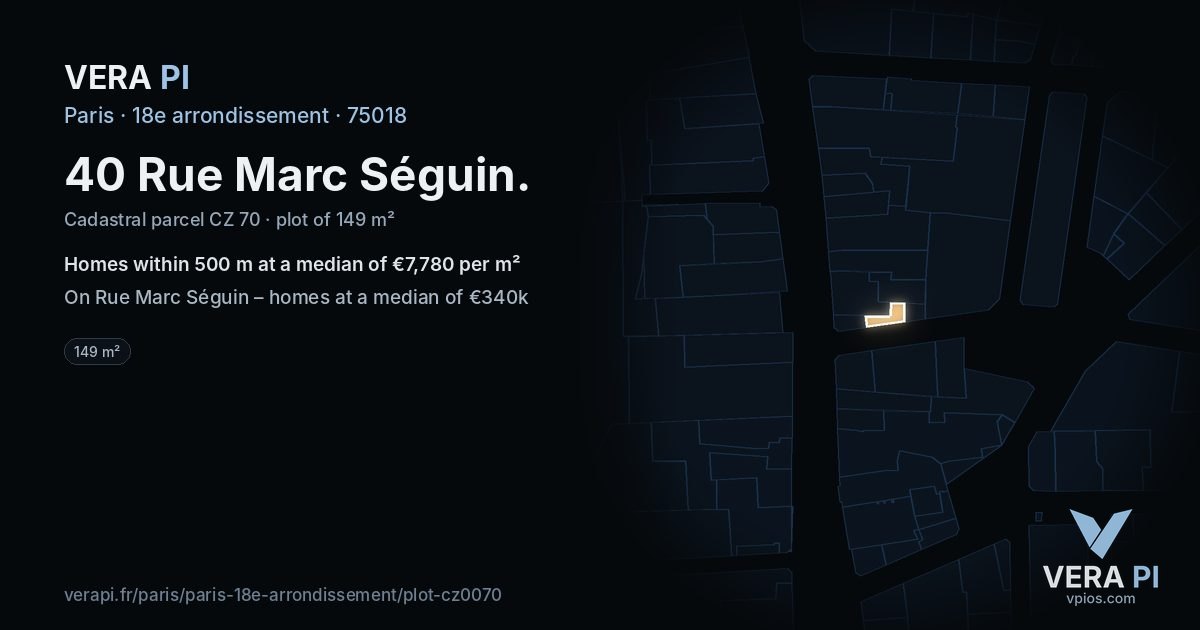 40 Rue Marc Séguin, 18e arrondissement at night – the plot lit, the parcels around coloured by the prices near them