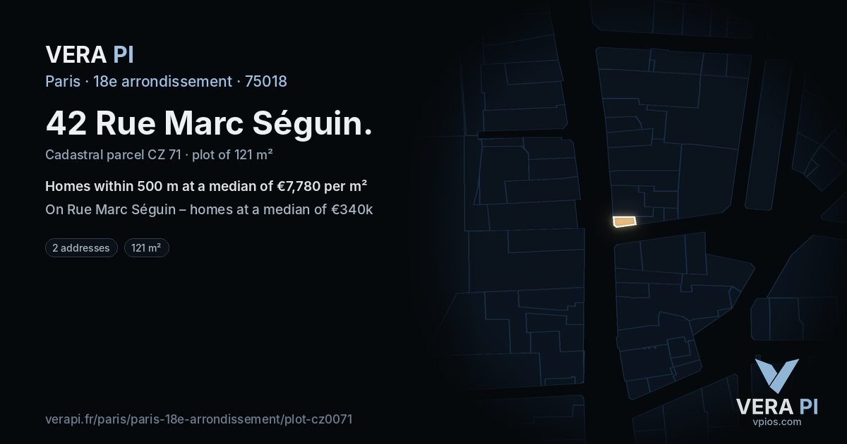 42 Rue Marc Séguin, 18e arrondissement at night – the plot lit, the parcels around coloured by the prices near them