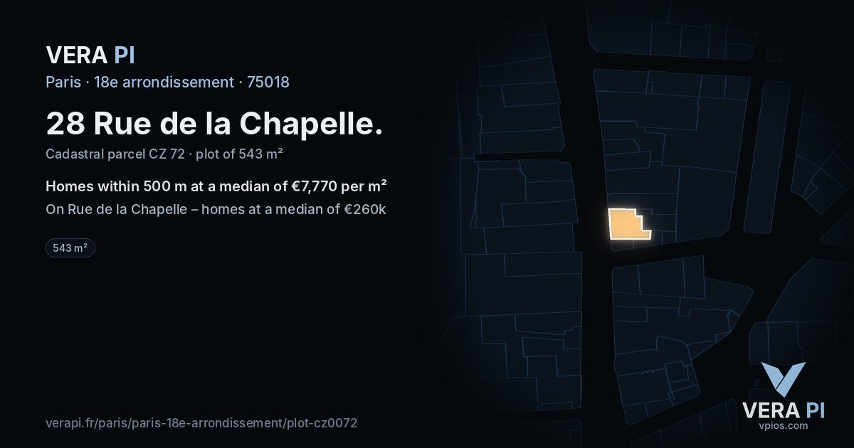 28 Rue de la Chapelle, 18e arrondissement at night – the plot lit, the parcels around coloured by the prices near them