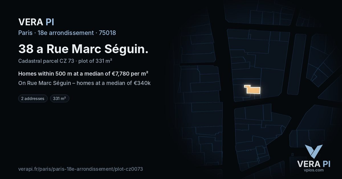 38 a Rue Marc Séguin, 18e arrondissement at night – the plot lit, the parcels around coloured by the prices near them