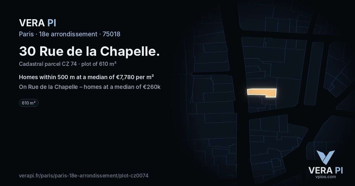 30 Rue de la Chapelle, 18e arrondissement at night – the plot lit, the parcels around coloured by the prices near them