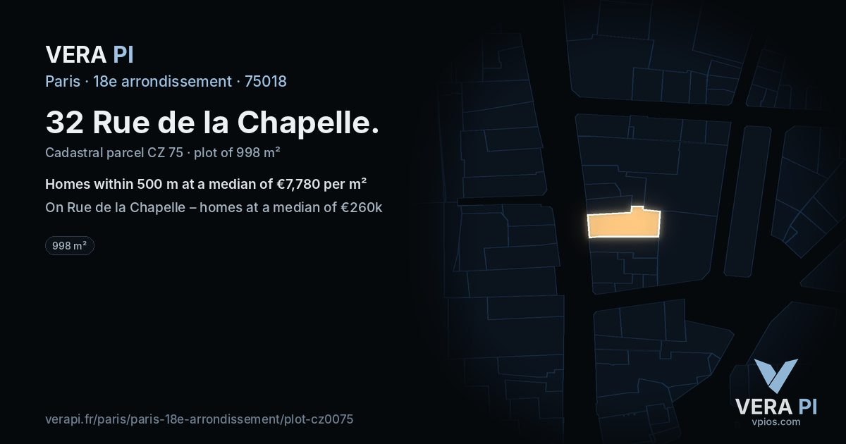 32 Rue de la Chapelle, 18e arrondissement at night – the plot lit, the parcels around coloured by the prices near them
