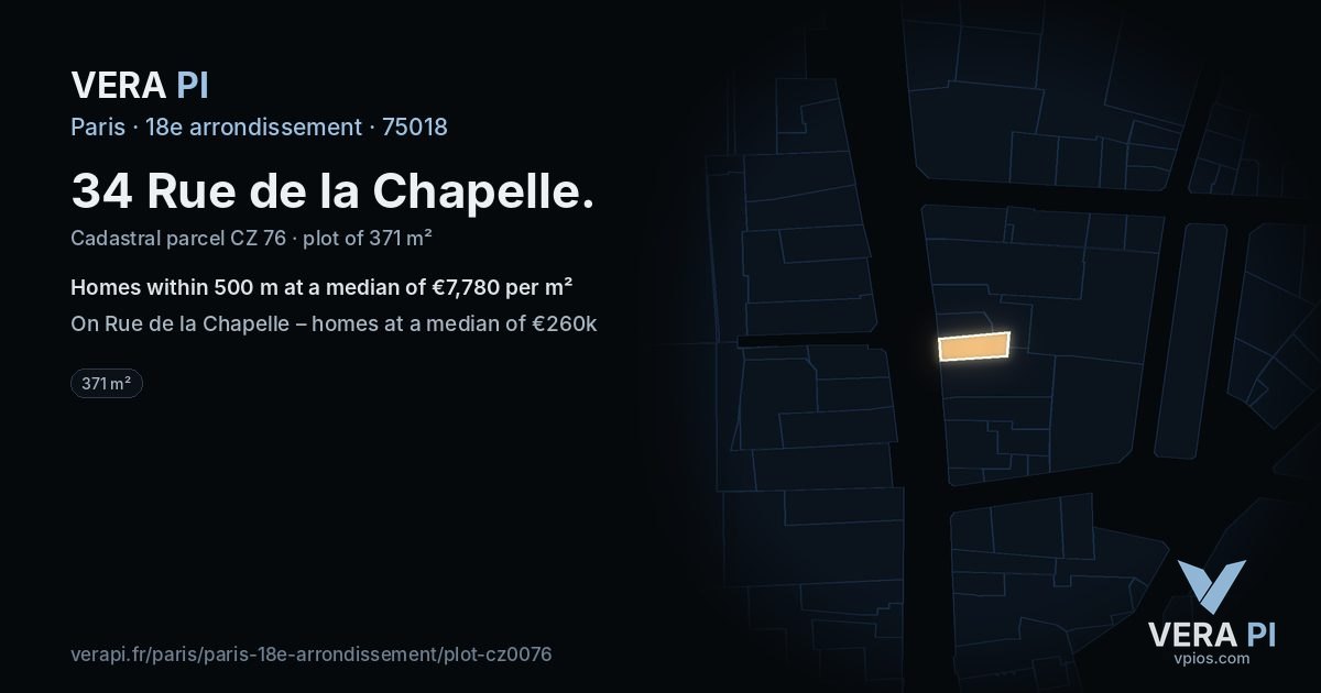 34 Rue de la Chapelle, 18e arrondissement at night – the plot lit, the parcels around coloured by the prices near them